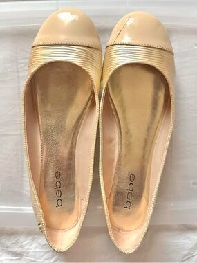 bebe Beige Patent & Gold Accent Cap-Toe Ballet Flats
